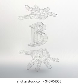 Vector illustration of letter B and hand of lines. Fonts of Mesh polygonal. The structural grid of polygons. Abstract Creative concept vector background. Polygonal design style letterhead and brochure
