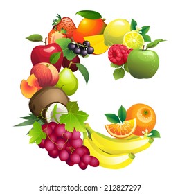 Vector Illustration Letter C composed of different fruits with leaves
