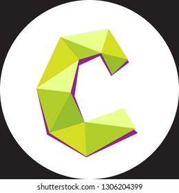 Vector illustration of letter C in origami style. Polygonal Colorful Letter isolated on white circle background.