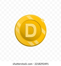 Vector illustration of letter D coin in gold color on transparent background (PNG).