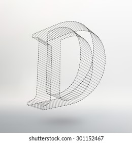 Vector illustration of letter D on white background. Fonts of Mesh polygonal. Wire frame contour alphabets. Abstract template element