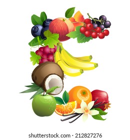 Vector Illustration Letter E composed of different fruits with leaves