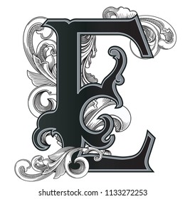 Vector illustration of letter E with decorations isolated on white background.