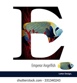 Vector illustration of Letter E is Emperor Angelfish withe coral alphabet. English abc with animals Education on White background.