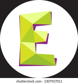 Vector illustration of letter E in origami style. Polygonal Colorful Letter isolated on white circle background.
