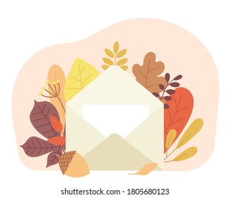 ilustración vectorial de una letra en un sobre sobre un fondo de follaje. Hola otoño. dibujos animados y estilo plano. elementos para web, postales, diseño, gráfico.