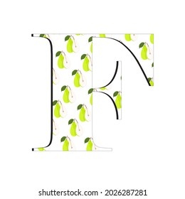 A vector illustration of the letter F with a fresh pear motif, perfect for children's books and magazines, perfect for children's toy designs as well as for other business purposes.