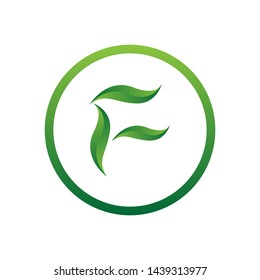 vector illustration letter f with leaf and circle nature icon logo design green color