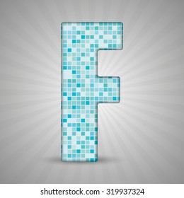Vector illustration of letter F made of square blue mosaic. Vector alphabet, type, font with latin letters. Ornament with squares tiles for your floor, wall, bathroom, pool. 