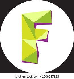 Vector illustration of letter F in origami style. Polygonal Colorful Letter isolated on white circle background.