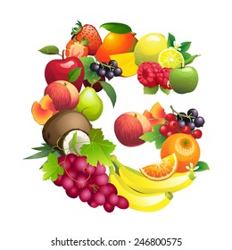 Vector illustration Letter G composed of different fruits with leaves
