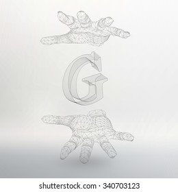 Vector illustration of letter G and hand of lines. Fonts of Mesh polygonal. The structural grid of polygons. Abstract Creative concept vector background. Polygonal design style letterhead and brochure