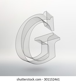 Vector illustration of letter G on white background. Fonts of Mesh polygonal. Wire frame contour alphabets. Abstract template element