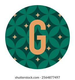 Vector illustration of the letter G in orange, surrounded by a green circular pattern of overlapping leaves and star accents. A blend of modern design with organic elements.