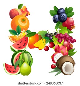Vector illustration Letter H composed of different fruits with leaves