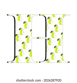 A vector illustration of the letter H with a fresh pear motif, perfect for children's books and magazines, perfect for children's toy designs as well as for other business purposes.