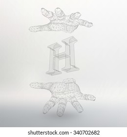 Vector illustration of letter H and hand of lines. Fonts of Mesh polygonal. The structural grid of polygons. Abstract Creative concept vector background. Polygonal design style letterhead and brochure
