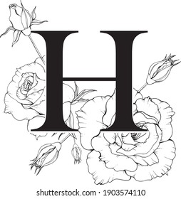 Vector illustration of letter H. Monogram H with flowers. 