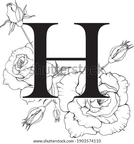 Vector illustration of letter H. Monogram H with flowers. 