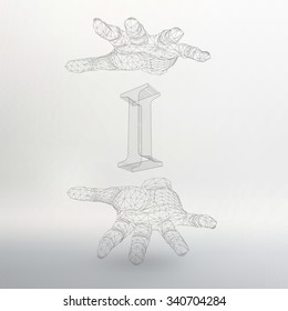 Vector illustration of letter I and hand of lines. Fonts of Mesh polygonal. The structural grid of polygons. Abstract Creative concept vector background. Polygonal design style letterhead and brochure