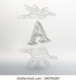 Vector illustration of letter A and hand of lines. Fonts of Mesh polygonal. The structural grid of polygons. Abstract Creative concept vector background. Polygonal design style letterhead and brochure