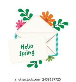 Vektor-Illustration eines Briefes mit Hello Spring Darauf geschrieben und einem offenen Umschlag umgeben von Frühlingspflanzen und Blumen