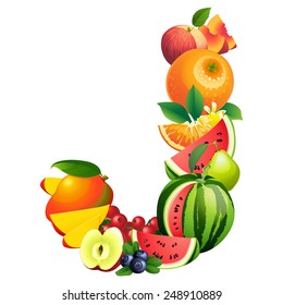 Vector illustration Letter J composed of different fruits with leaves