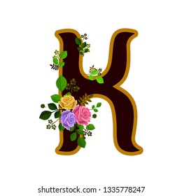 Vector illustration of letter K decorated with roses, isolated on white background