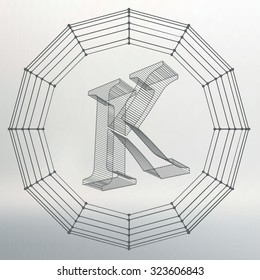 Vector illustration of letter K. Fonts of Mesh polygonal. Wire frame contour alphabets. Abstract creative concept vector logo