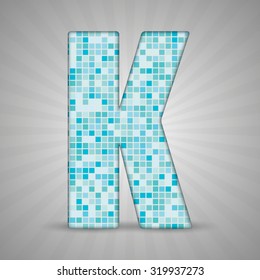 Vector illustration of letter K made of square blue mosaic. Vector alphabet, type, font with latin letters. Ornament with squares tiles for your floor, wall, bathroom, pool. 