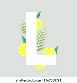 Vector illustration. Letter l decorated with leaves, lemon slices. Gray background. 