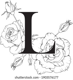 Ilustración vectorial de la letra L con flores. Monograma L. 