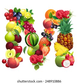 Vector Illustration Letter M composed of different fruits with leaves