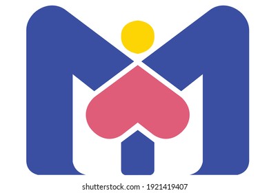 Vector illustration of letter m logo template with a combination of tervalic love shapes forming the hands and untidy circles forming the head. 6000x4000 pixel perfect.