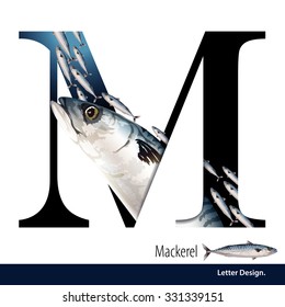 Vector illustration of Letter M is Mackerel alphabet. English abc with animals Education on White background.