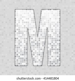 Vector illustration of letter M made of square grey mosaic. Vector alphabet, type, font with latin letters. Ornament with squares tiles for your floor, wall, bathroom, pool.