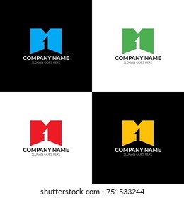 Vector illustration. Letter m and one logo, icon flat and vector design template. The letter m and 1 logotype for brand or company with text.