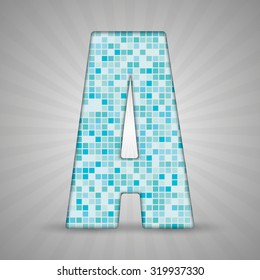 Vector illustration of letter A made of square blue mosaic. Vector alphabet, type, font with latin letters. Ornament with squares tiles for your floor, wall, bathroom, pool. 