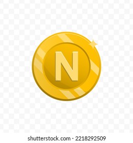 Vector illustration of letter N coin in gold color on transparent background (PNG).