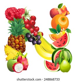Vector illustration Letter N composed of different fruits with leaves