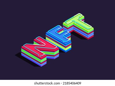 Ilustración vectorial de la letra NFT en el estilo de isometría con efecto de iluminación de neón