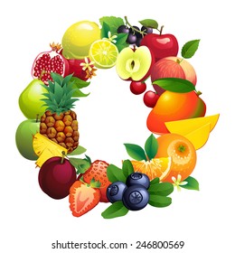 Vector illustration Letter O composed of different fruits with leaves