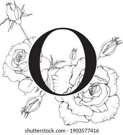 Vector illustration of letter O with flowers. Monogram O with roses. 