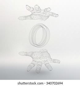 Vector illustration of letter O and hand of lines. Fonts of Mesh polygonal. The structural grid of polygons. Abstract Creative concept vector background. Polygonal design style letterhead and brochure