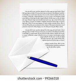 Vector illustration of letter with opened envelope and pen. Background in separate layer.