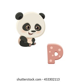 Vector illustration of letter P with cute little cartoon panda bamboo bear from china, chinese character of funny animal, mascot, eps 10, character isolated on white ABC for kids.