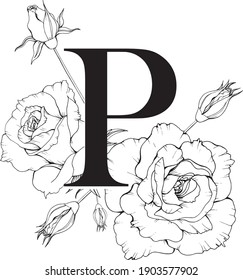 Vector illustration of letter P with flowers. Monogram P with Roses. Floral alphabet. 