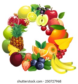 Vector illustration Letter Q composed of different fruits with leaves