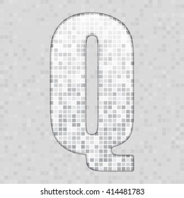 Vector illustration of letter Q made of square grey mosaic. Vector alphabet, type, font with latin letters. Ornament with squares tiles for your floor, wall, bathroom, pool.