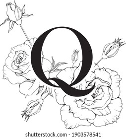 Vector illustration of letter Q with roses. Monogram Q with flowers. 